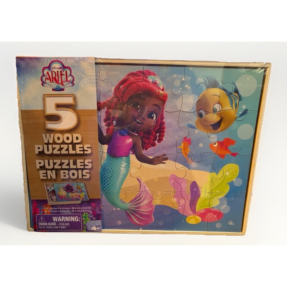 Disney Ariel Little Mermaid 5 Wood Puzzle Set 24pc & 8pc Kids Tray Storage Box